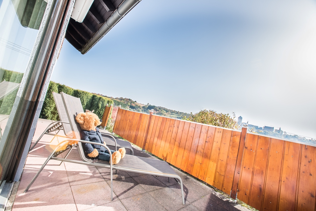 Terasse mit Markise Ferienwohnung Pusteblume mit Blick zur Burg Lichtenberg